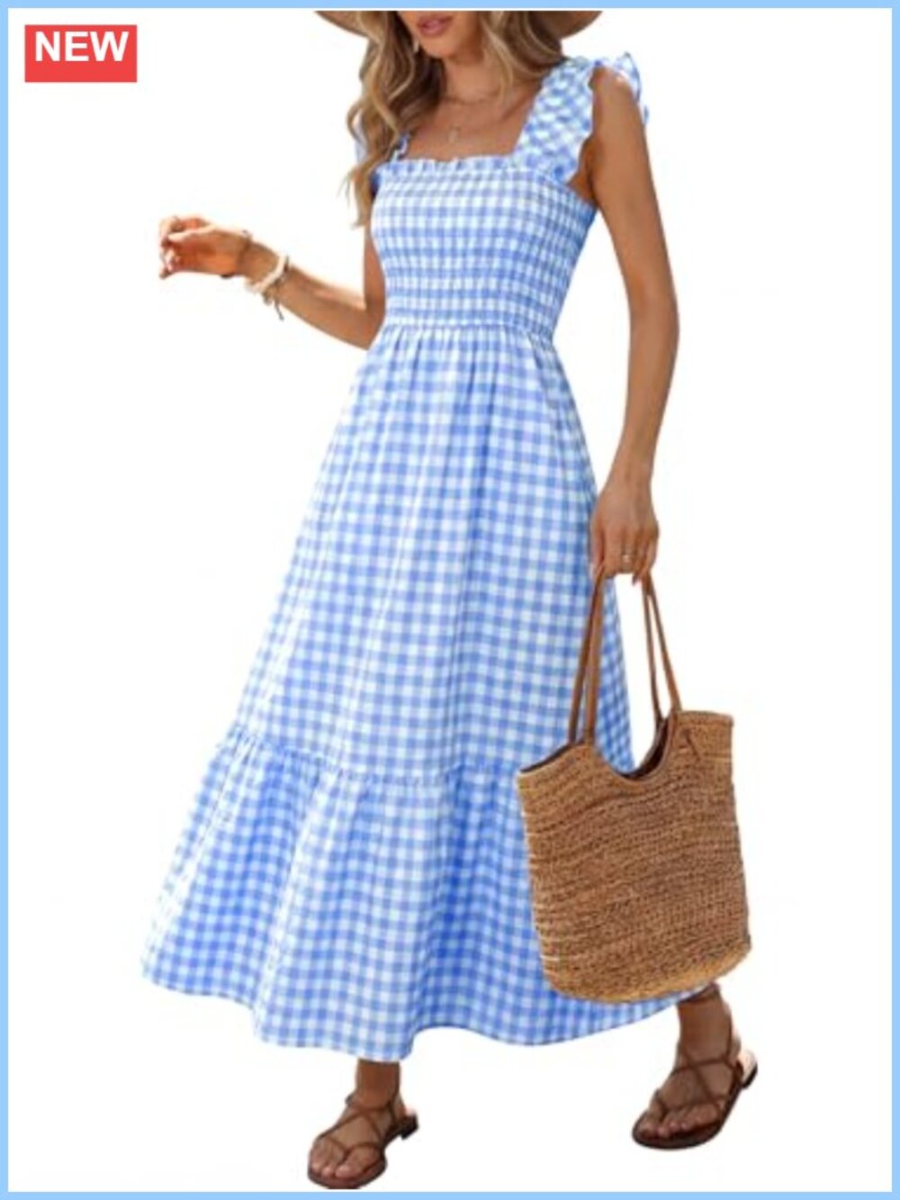 Womens Summer Maxi Dress Ruffle Spaghetti Strap Gingham Smocked Long Dresses